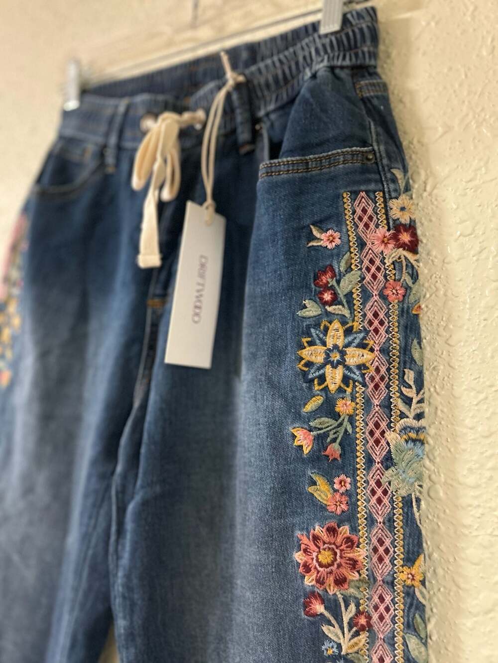 Driftwood Summer Vines Floral Embroidered Drawstring Denim Jogger - Picture 2 of 7